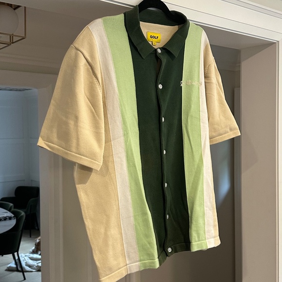 Men's GOLF WANG Green / Beige Knit Short Sleeve Button Up Polo - Size XL - Picture 3 of 14